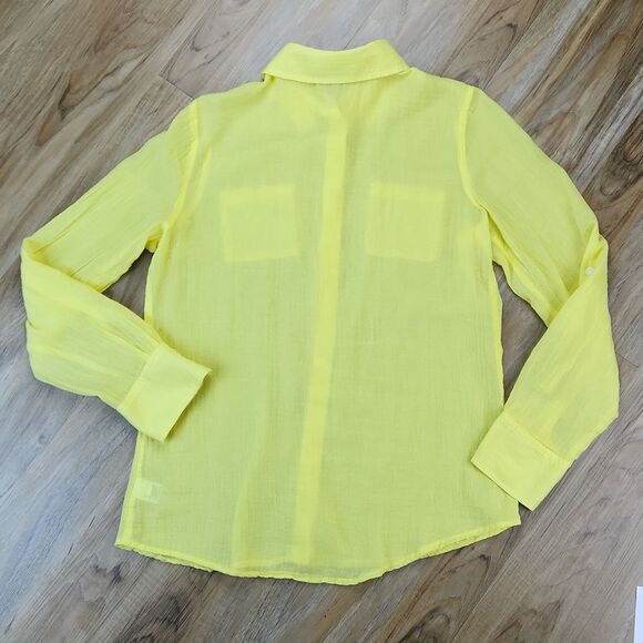 💜Merona Yellow Gauzy Lightweight Adjustable Roll Tab Long Sleeve Top Small - Picture 2 of 10